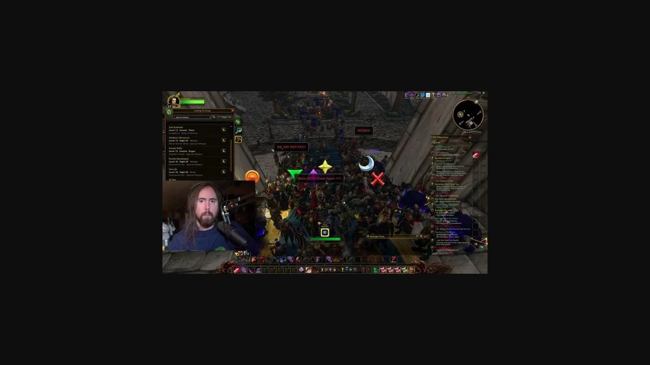 Twitch’s thumbnail of Asmongold’s stream, showing a World of Warcraft crowd and his webcam