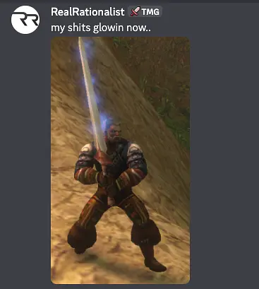RealRationalist's guild chat screenshot of a warrior holding a glowing blue sword