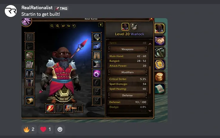 RealRationalist's level 20 warlock and guild chat caption