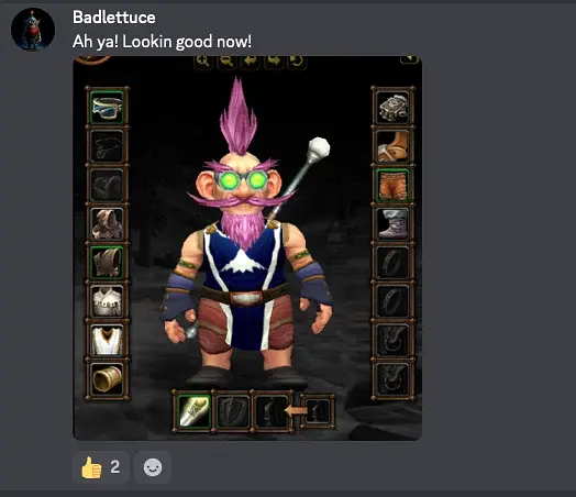Badlettuce's gnome with pink hair in the Olympus tabard