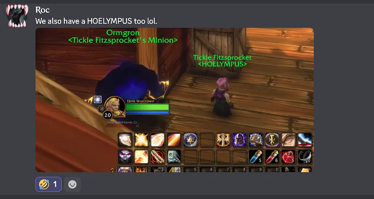 Roc's guild chat screenshot of Tickle Fitzsprocket with the HOELYMPUS guild tag